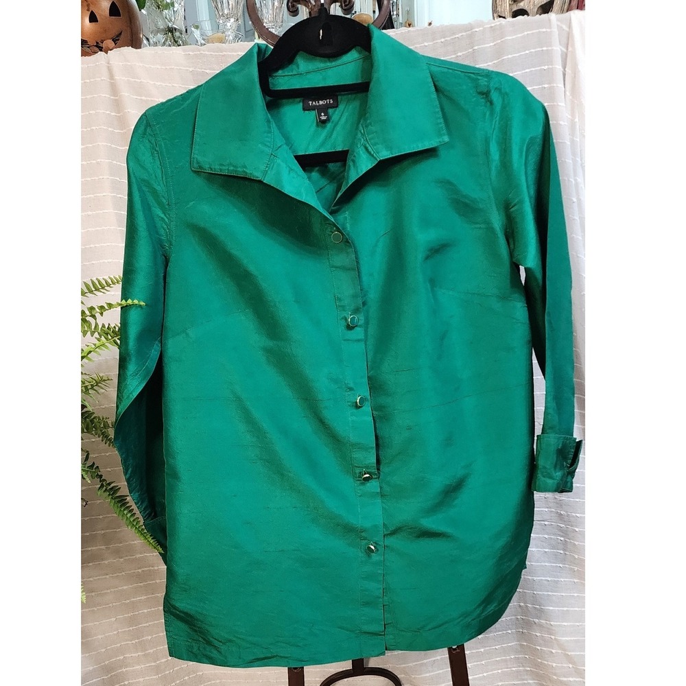 Talbots Emerald Green 100% Silk Button Down Blouse Long Sleeve Shirt Womens 6
